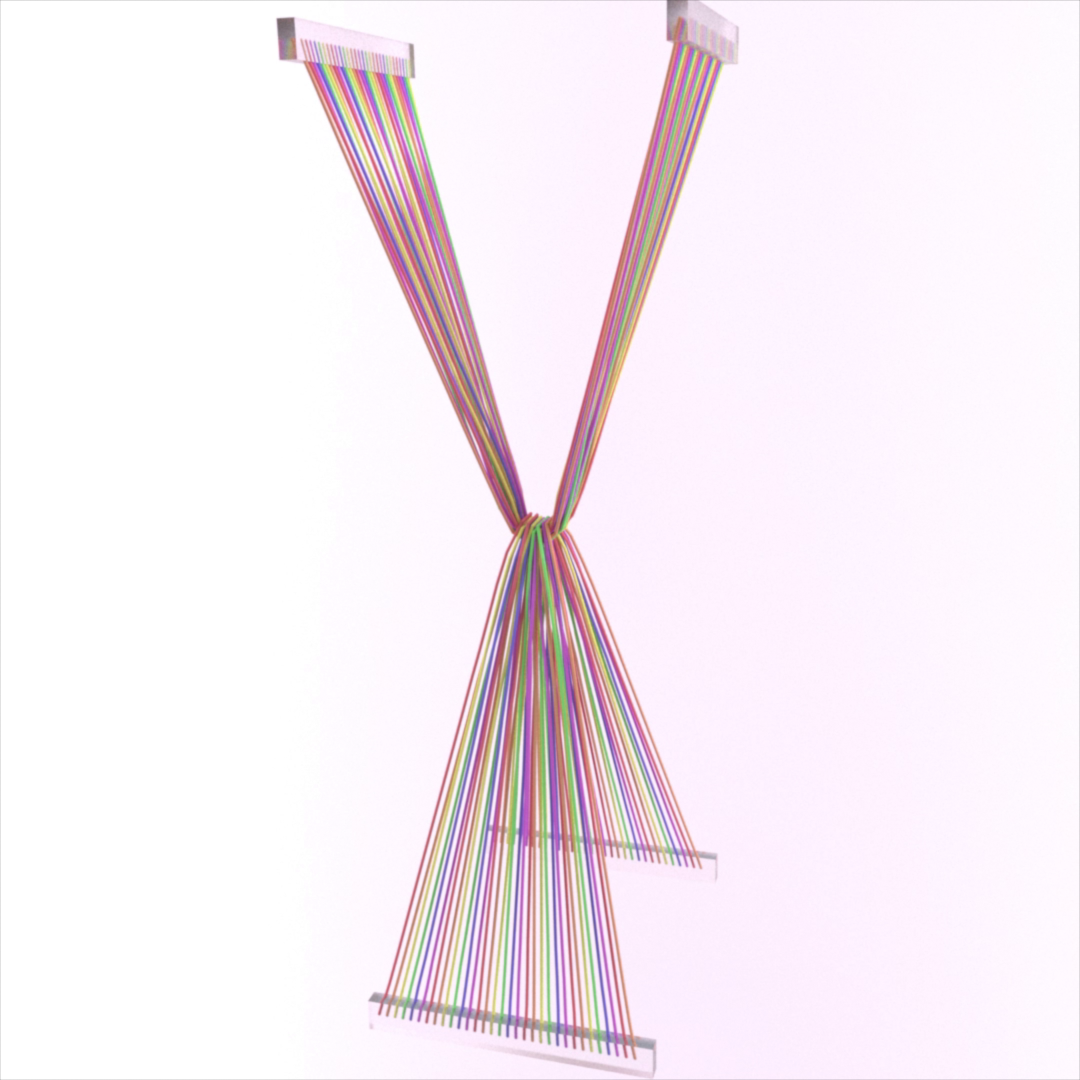 A still-frame of two rainbow strands stably stretching against eachother in collision.